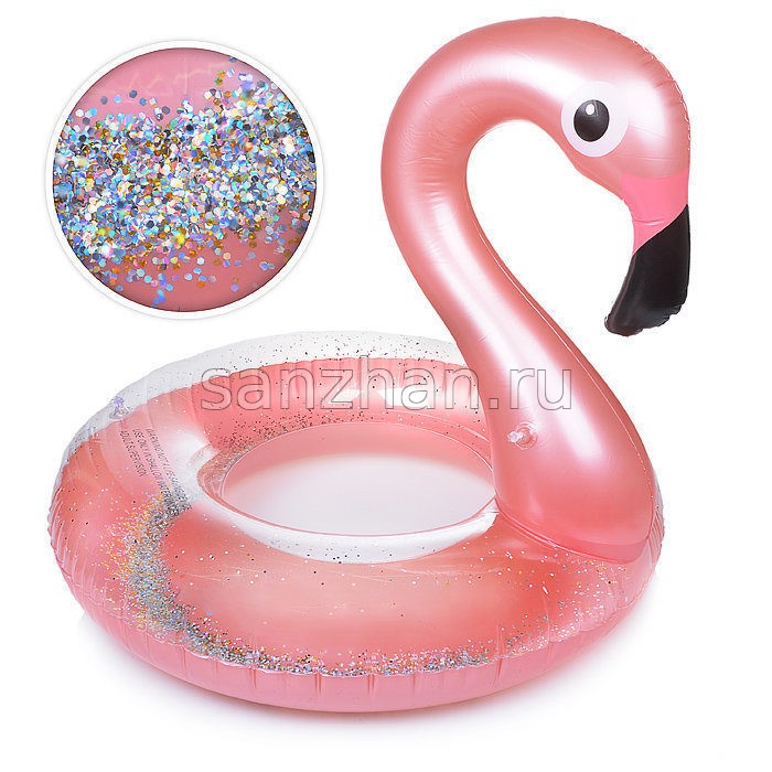 Пляжный надувной прозрачный круг Розовый Фламинго с блестками диаметр 120 см