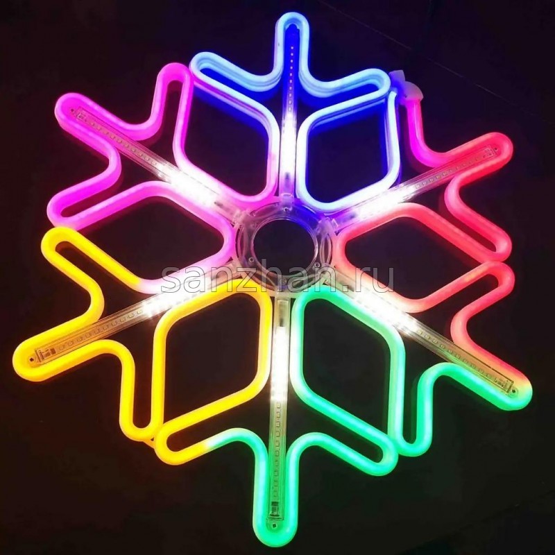 Новогодняя световая фигура уличная - Снежинка  (НЕОН многоцветная + белые светодиодные лучи)  40 см