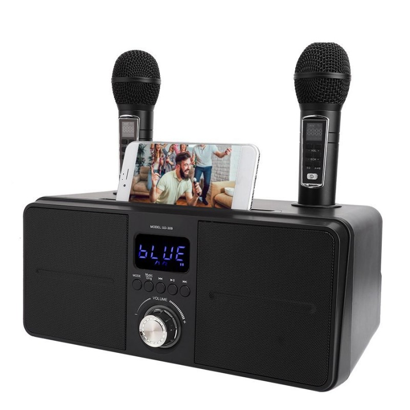 SDRD SD-309 bluetooth колонка-караоке с двумя беспроводными микрофонами, USB, AUX, онлайн караоке, мощность 30 Вт (черная)