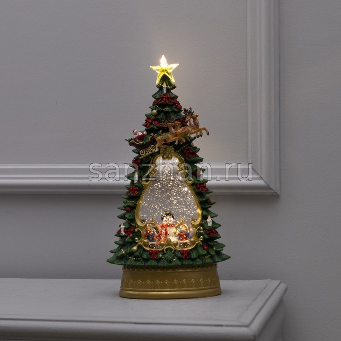 Новогодний светильник с блестками внутри «Ёлка с детьми и снеговиком» 35х19 см